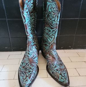Patricia Nash Size 10 Dark Brown and Teal Cowboy Boots